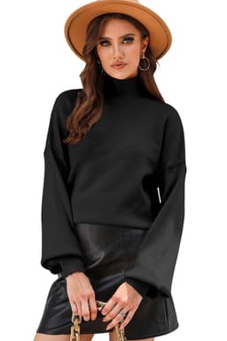 image-Brown Turtleneck Drop Shoulder Bubble Sleeve Knit Sweater