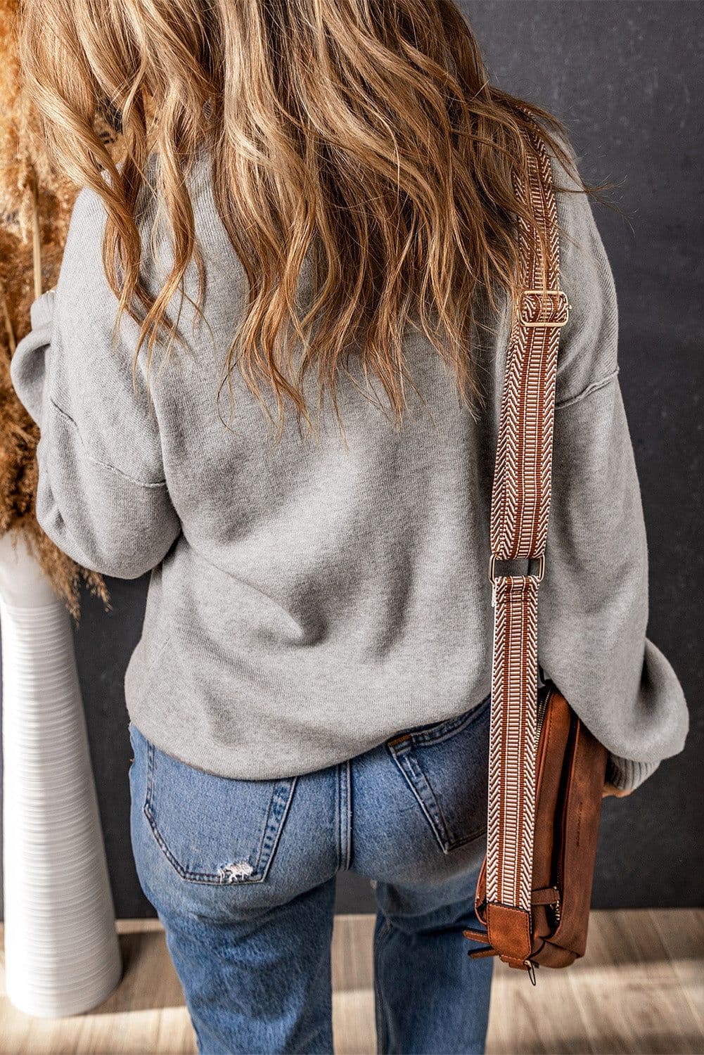 image-Brown Turtleneck Drop Shoulder Bubble Sleeve Knit Sweater