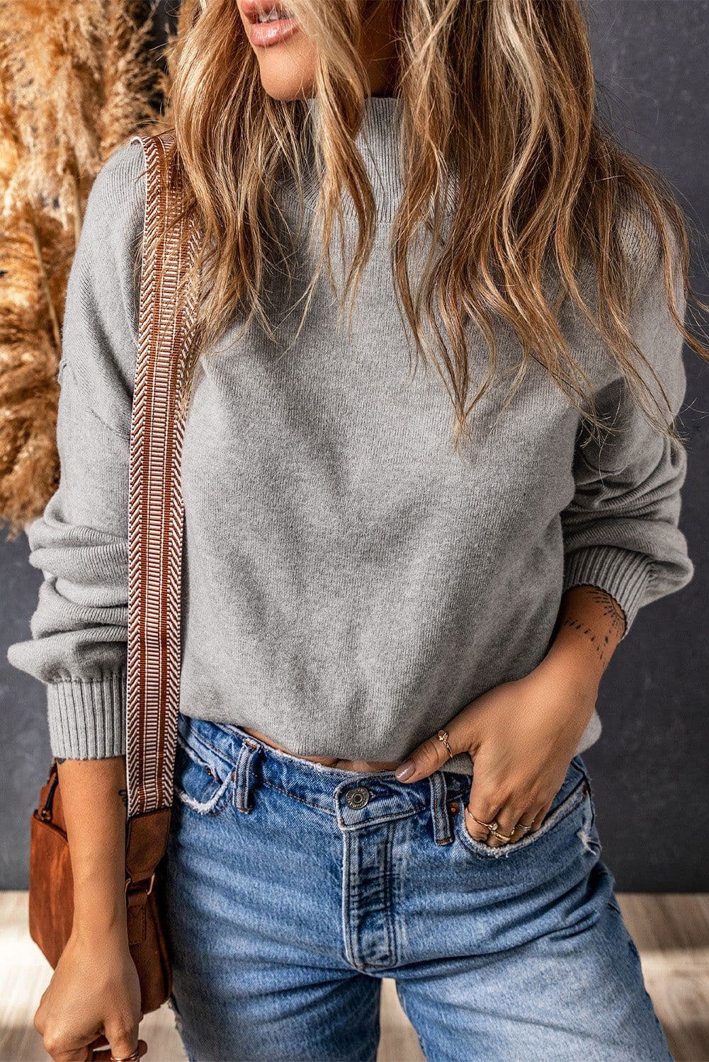 image-Brown Turtleneck Drop Shoulder Bubble Sleeve Knit Sweater