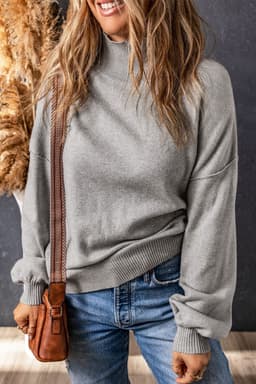 image-Brown Turtleneck Drop Shoulder Bubble Sleeve Knit Sweater