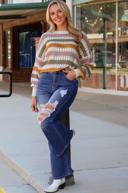 image-Multicolor Striped Hollowed Knitted Loose Sweater