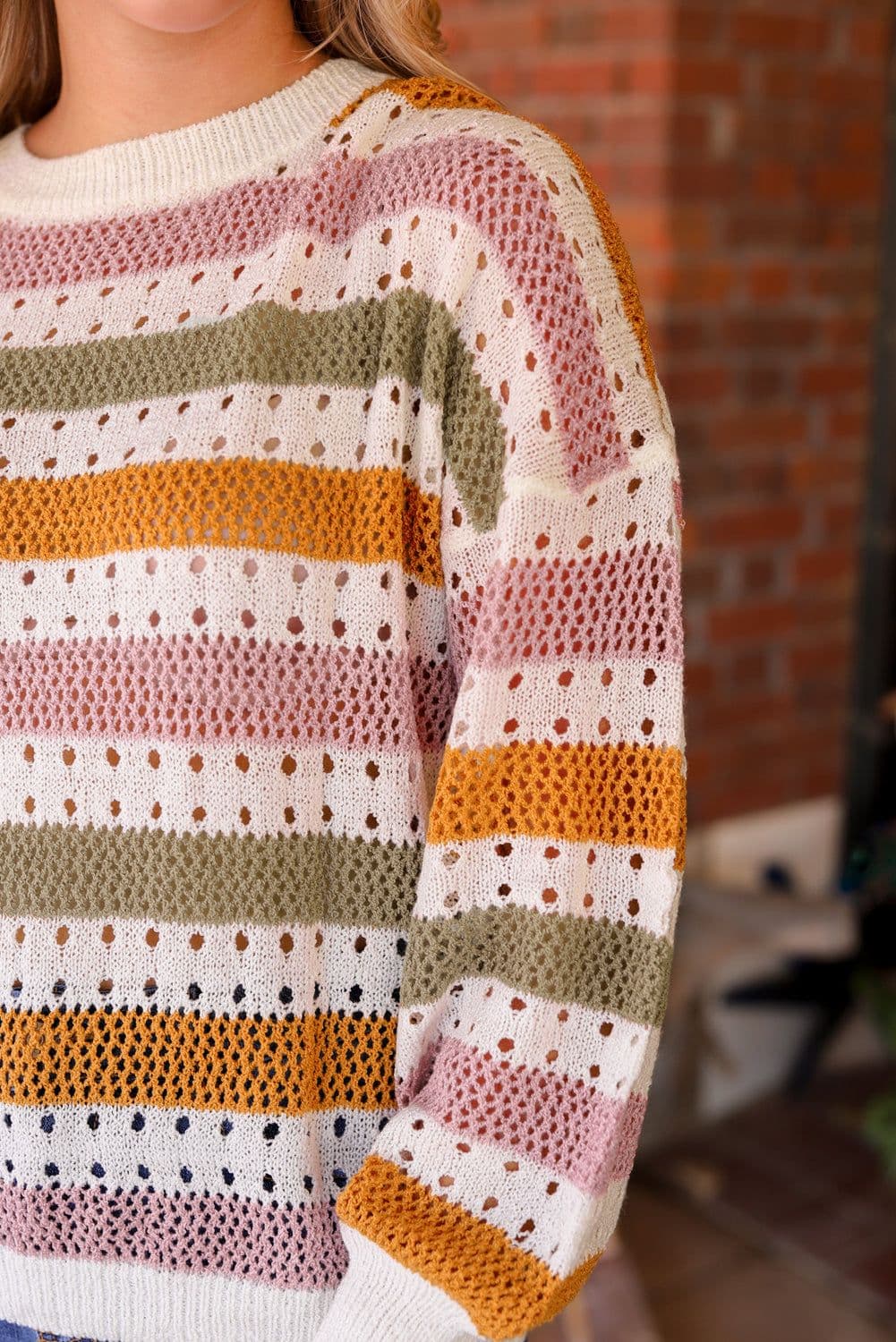 image-Multicolor Striped Hollowed Knitted Loose Sweater