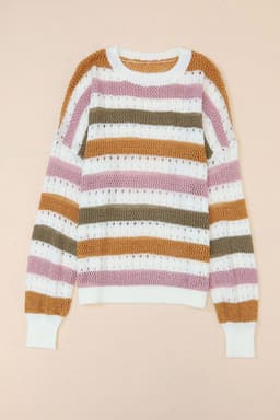 image-Multicolor Striped Hollowed Knitted Loose Sweater