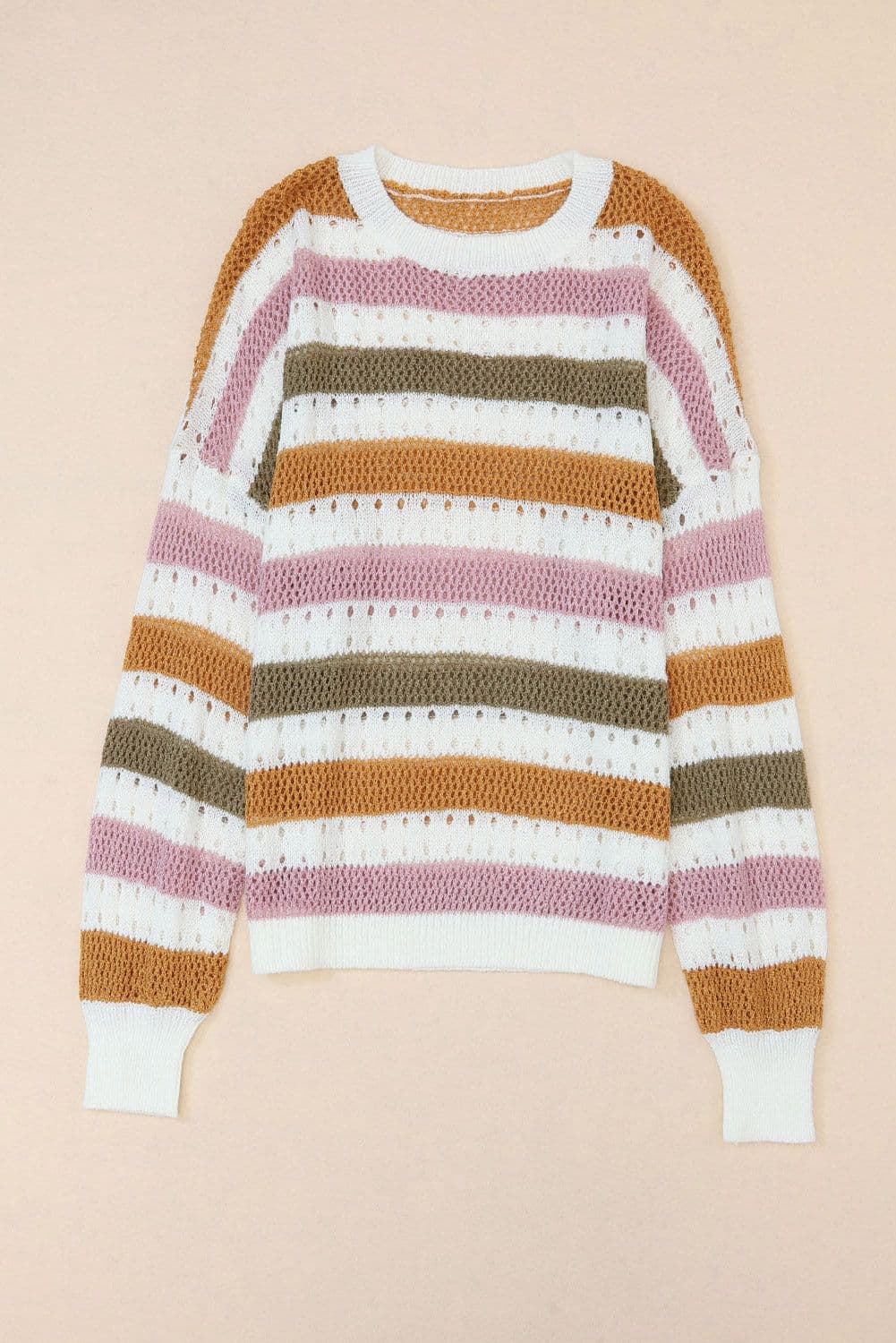 image-Multicolor Striped Hollowed Knitted Loose Sweater