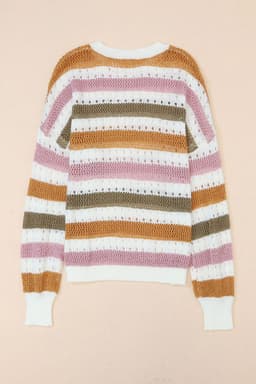 image-Multicolor Striped Hollowed Knitted Loose Sweater