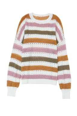 image-Multicolor Striped Hollowed Knitted Loose Sweater