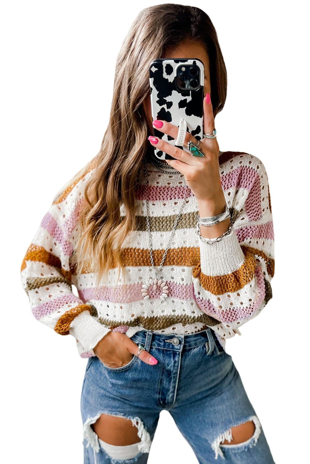 image-Multicolor Striped Hollowed Knitted Loose Sweater