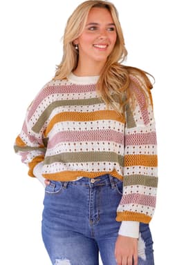 image-Multicolor Striped Hollowed Knitted Loose Sweater