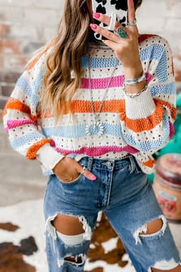 image-Multicolor Striped Hollowed Knitted Loose Sweater