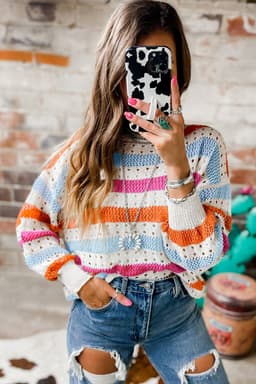 image-Multicolor Striped Hollowed Knitted Loose Sweater