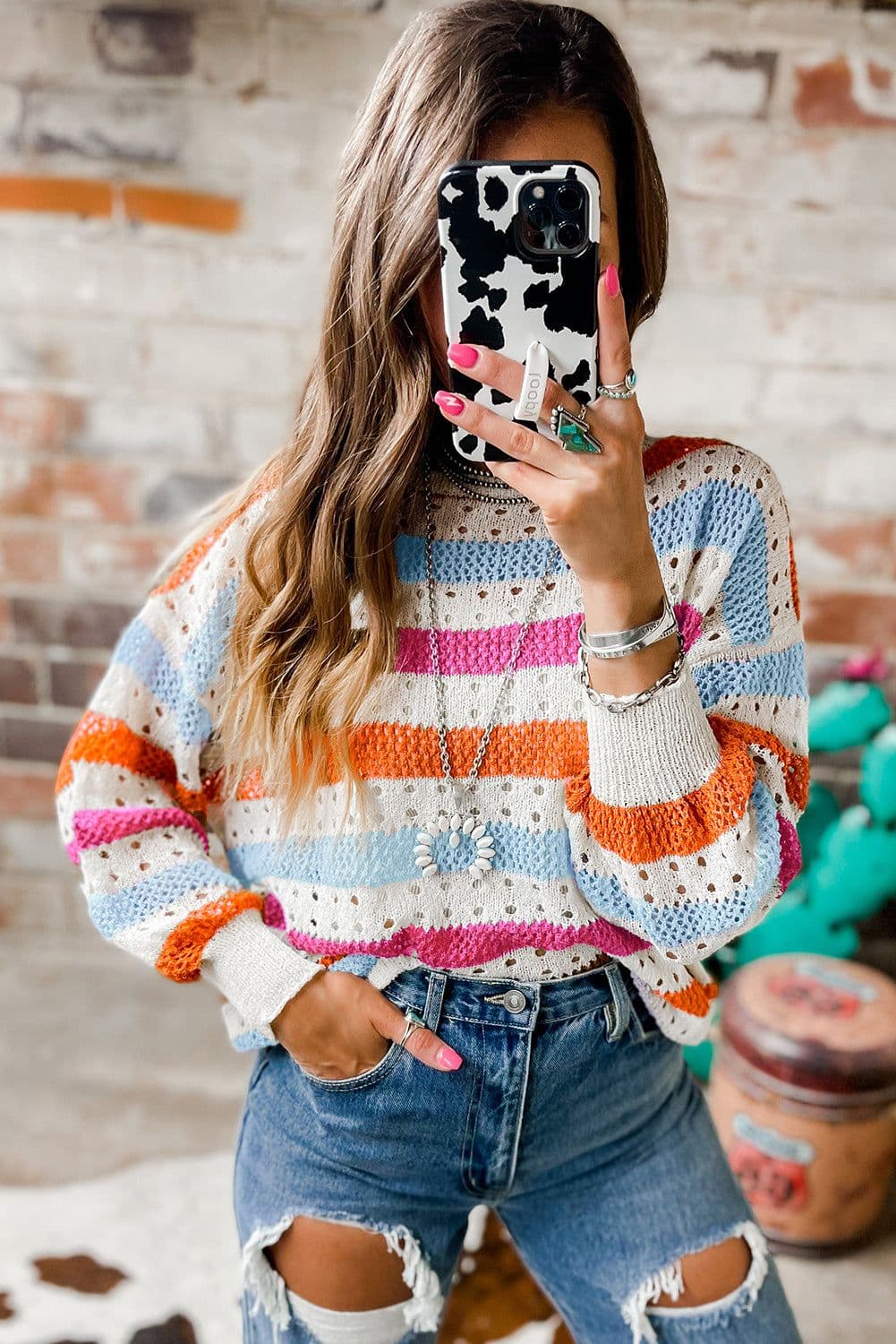 image-Multicolor Striped Hollowed Knitted Loose Sweater