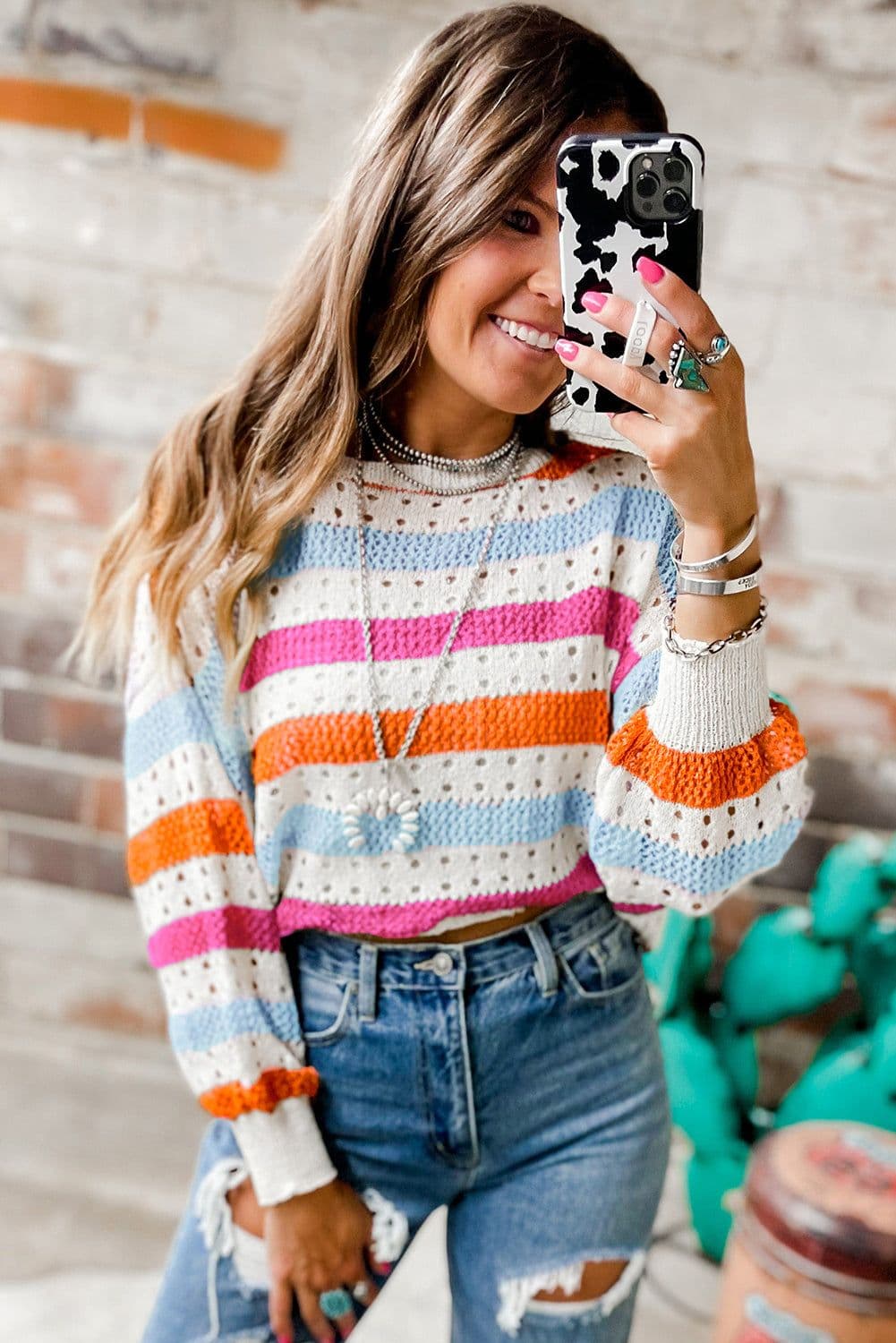 image-Multicolor Striped Hollowed Knitted Loose Sweater
