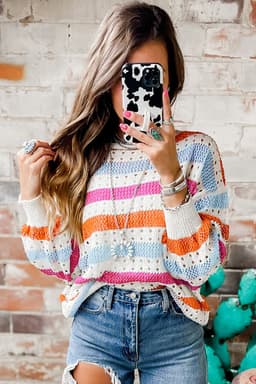 image-Multicolor Striped Hollowed Knitted Loose Sweater
