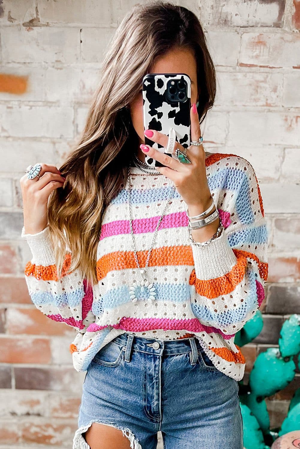 image-Multicolor Striped Hollowed Knitted Loose Sweater