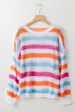 image-Multicolor Striped Hollowed Knitted Loose Sweater