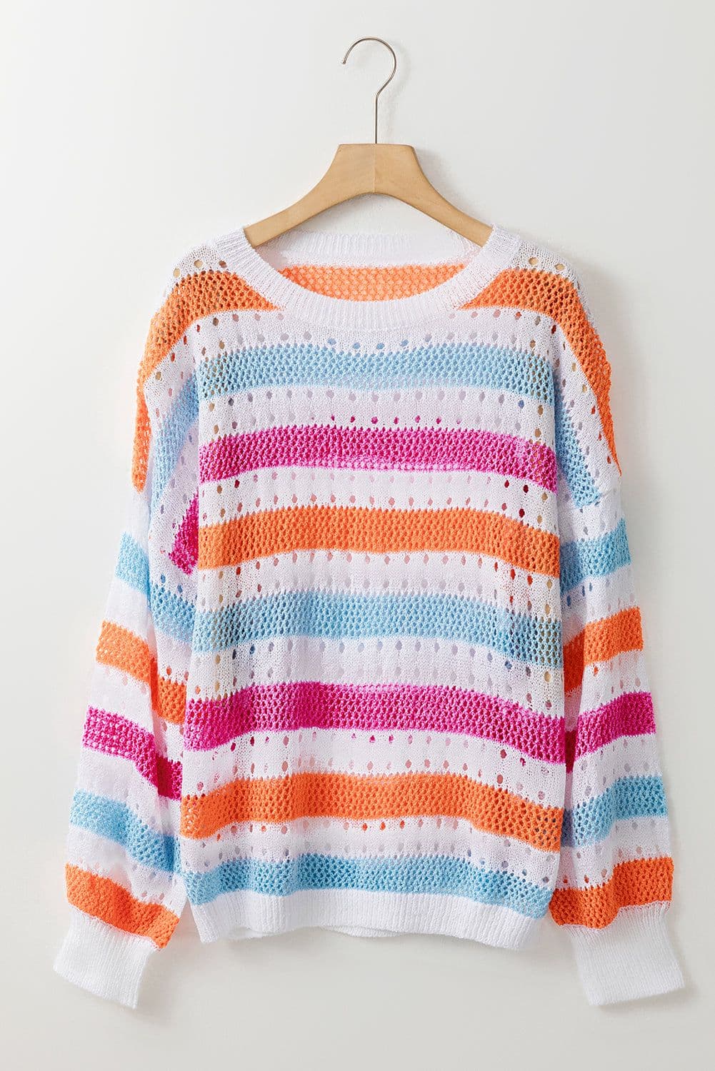 image-Multicolor Striped Hollowed Knitted Loose Sweater