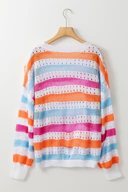image-Multicolor Striped Hollowed Knitted Loose Sweater