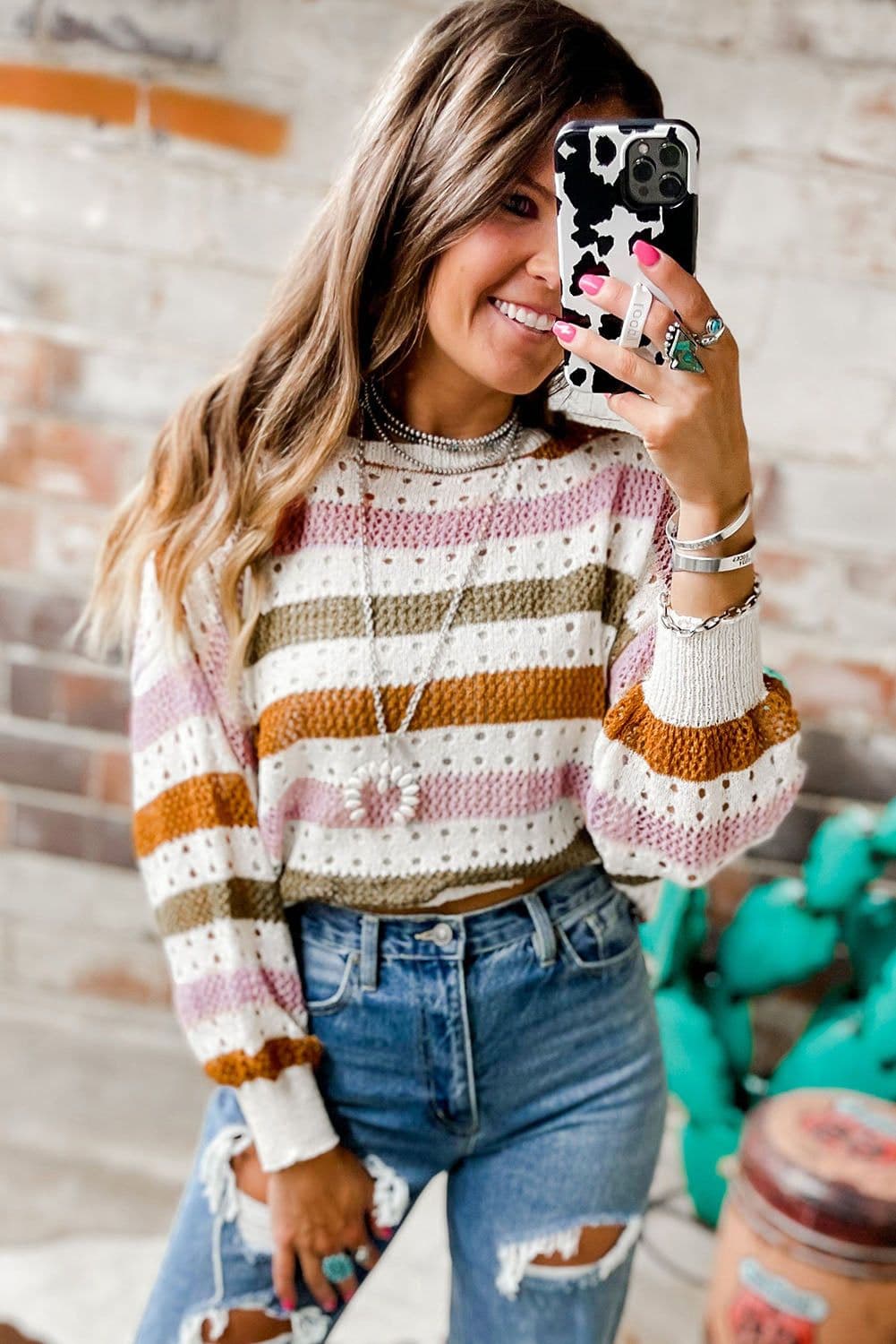 image-Multicolor Striped Hollowed Knitted Loose Sweater