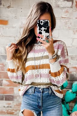 image-Multicolor Striped Hollowed Knitted Loose Sweater