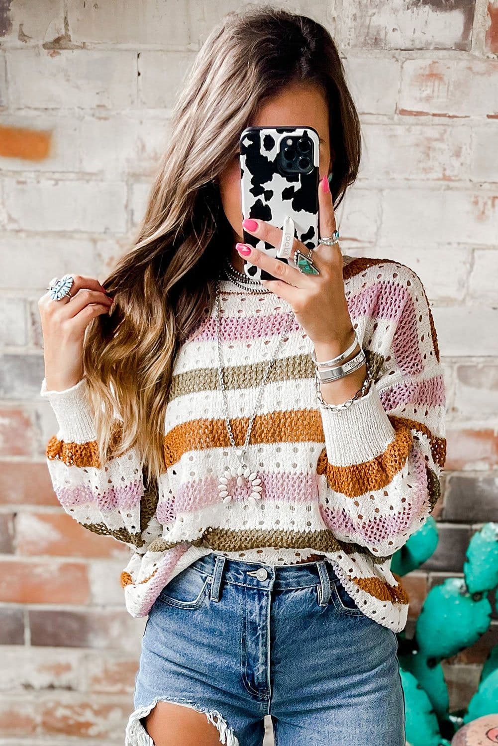 image-Multicolor Striped Hollowed Knitted Loose Sweater