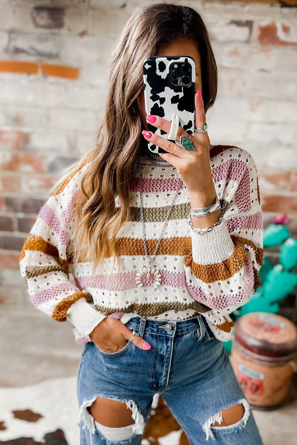 image-Multicolor Striped Hollowed Knitted Loose Sweater