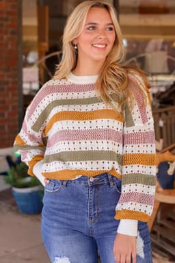 image-Multicolor Striped Hollowed Knitted Loose Sweater