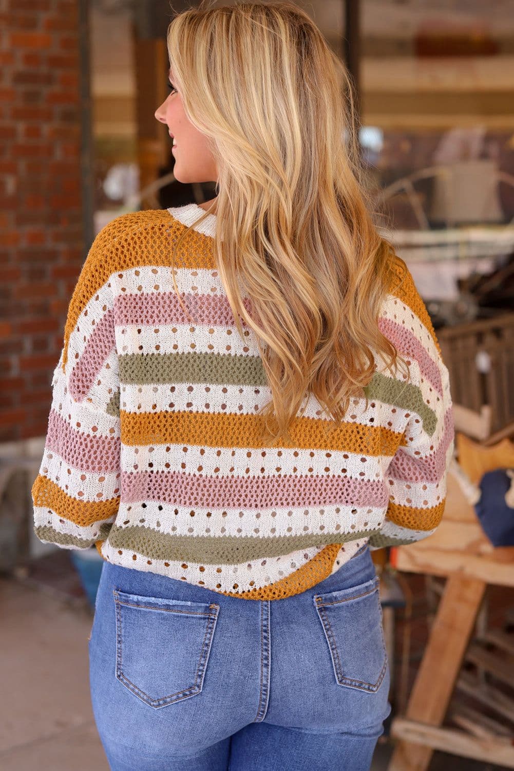 image-Multicolor Striped Hollowed Knitted Loose Sweater