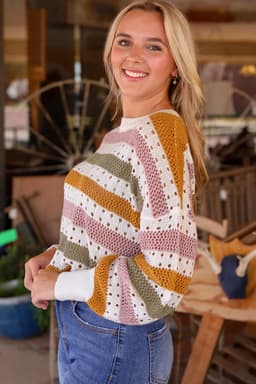 image-Multicolor Striped Hollowed Knitted Loose Sweater