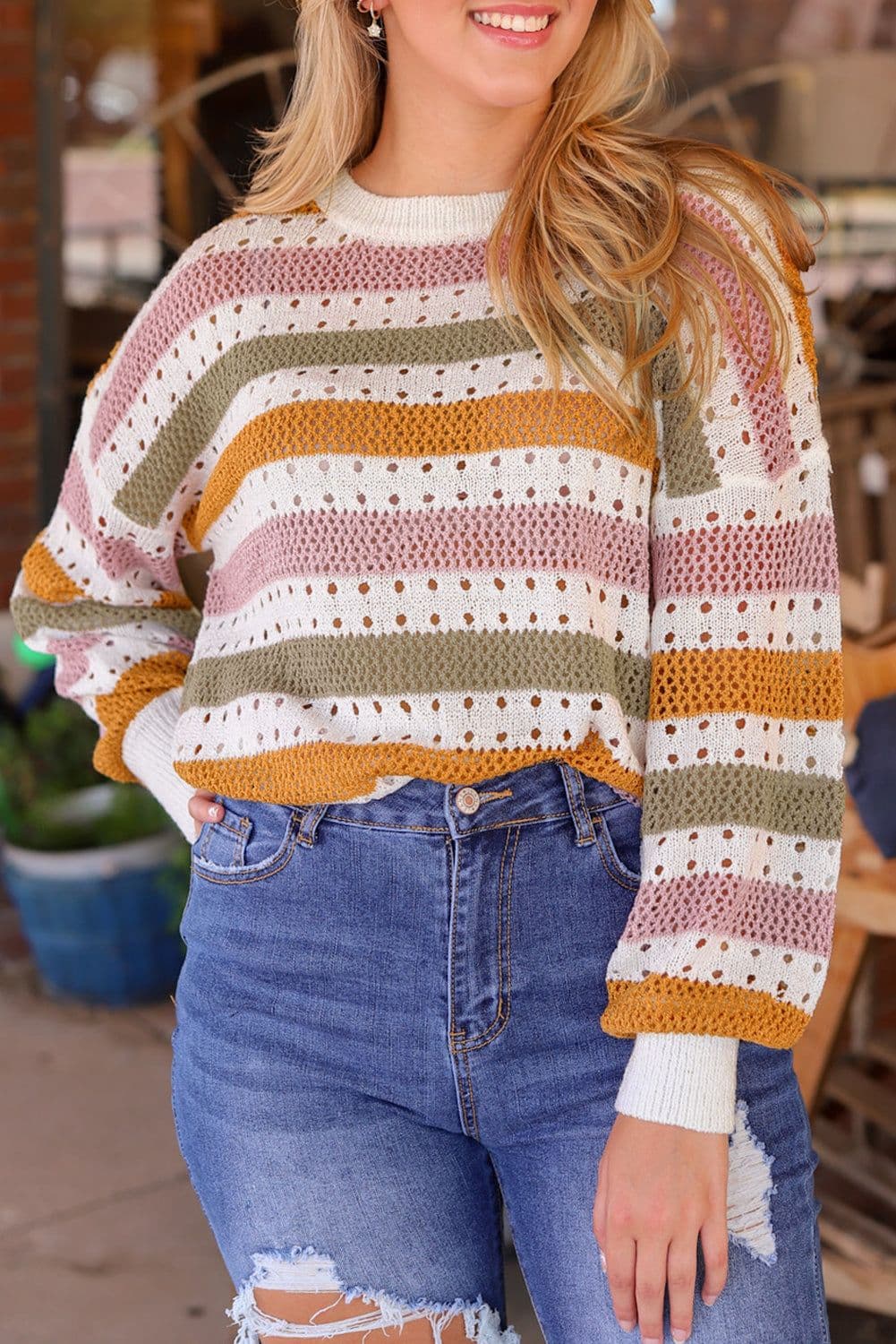 image-Multicolor Striped Hollowed Knitted Loose Sweater
