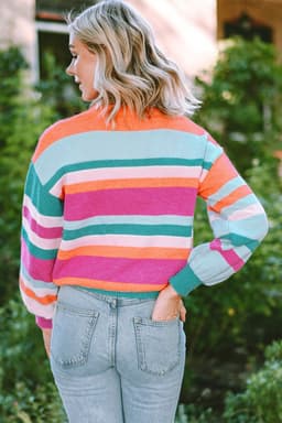 image-Multicolor Striped Knit Drop Shoulder Puff Sleeve Sweater