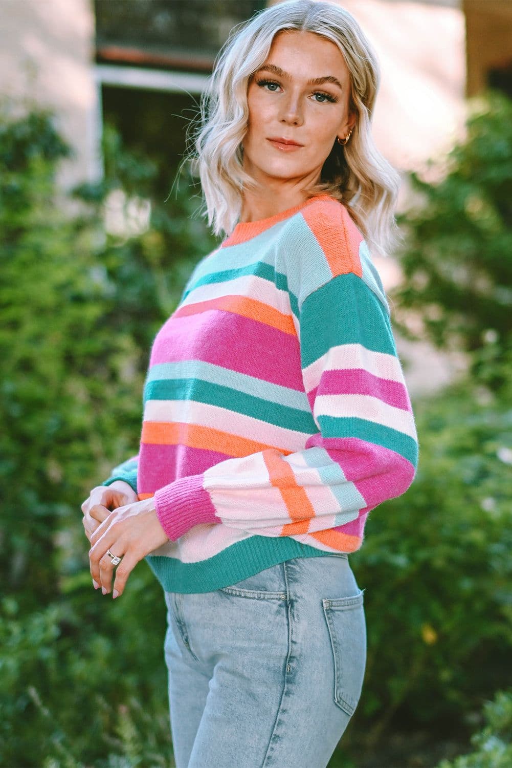 image-Multicolor Striped Knit Drop Shoulder Puff Sleeve Sweater