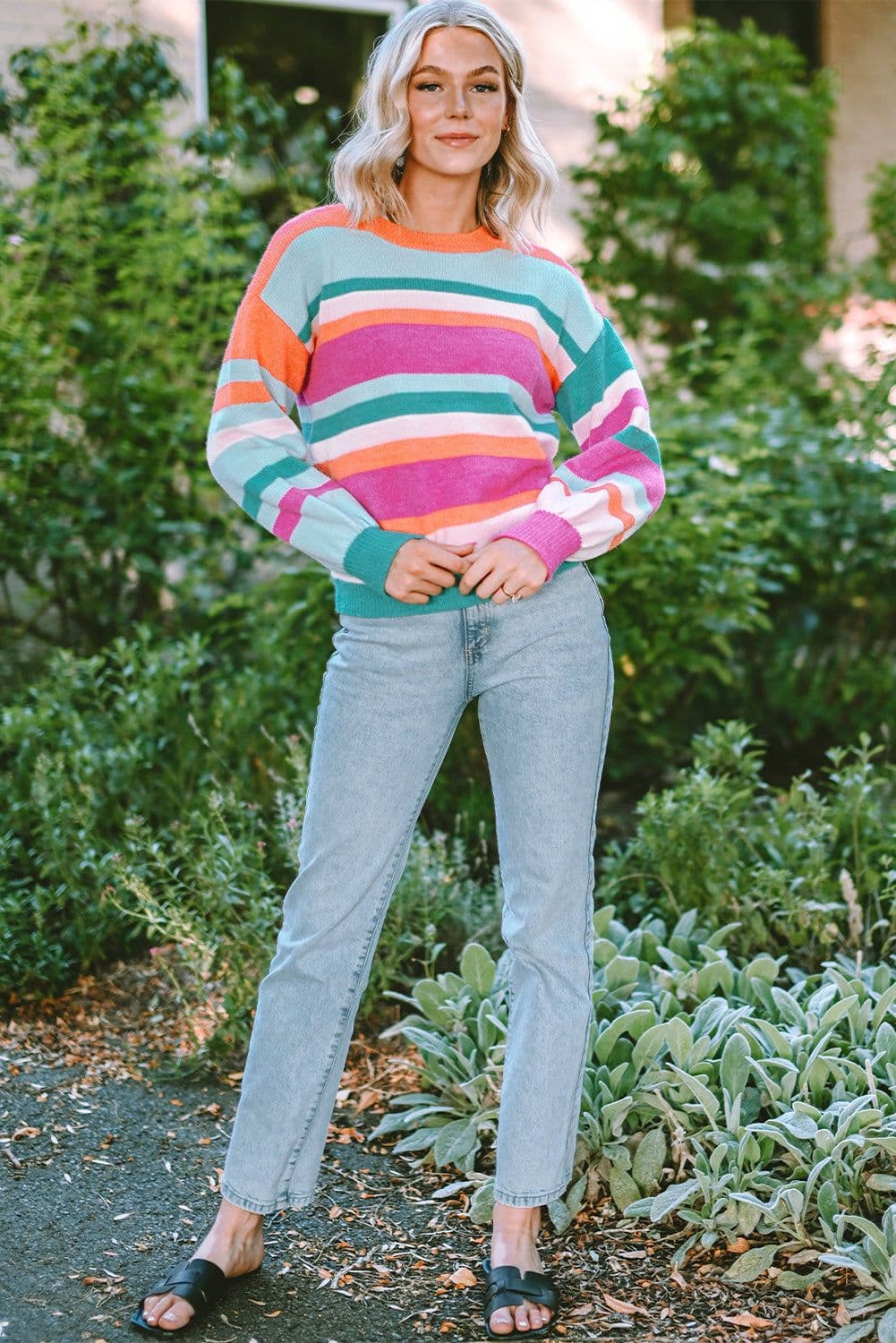 image-Multicolor Striped Knit Drop Shoulder Puff Sleeve Sweater