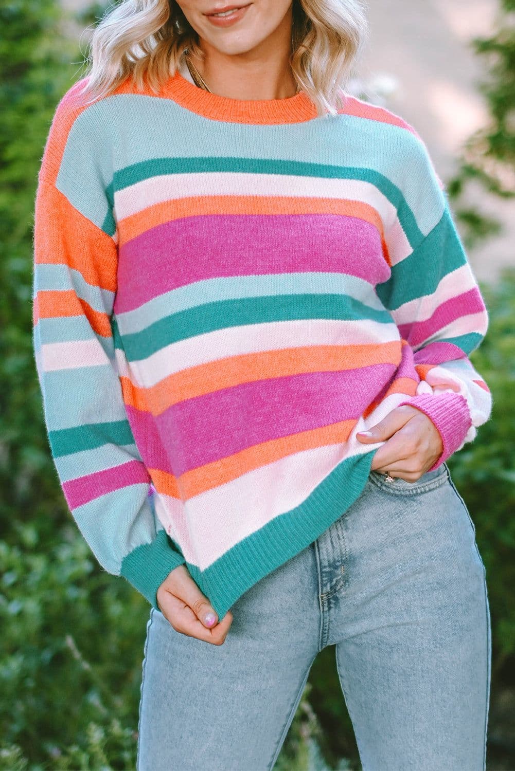 image-Multicolor Striped Knit Drop Shoulder Puff Sleeve Sweater