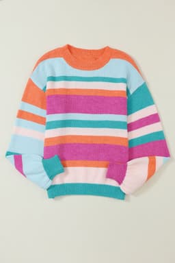 image-Multicolor Striped Knit Drop Shoulder Puff Sleeve Sweater