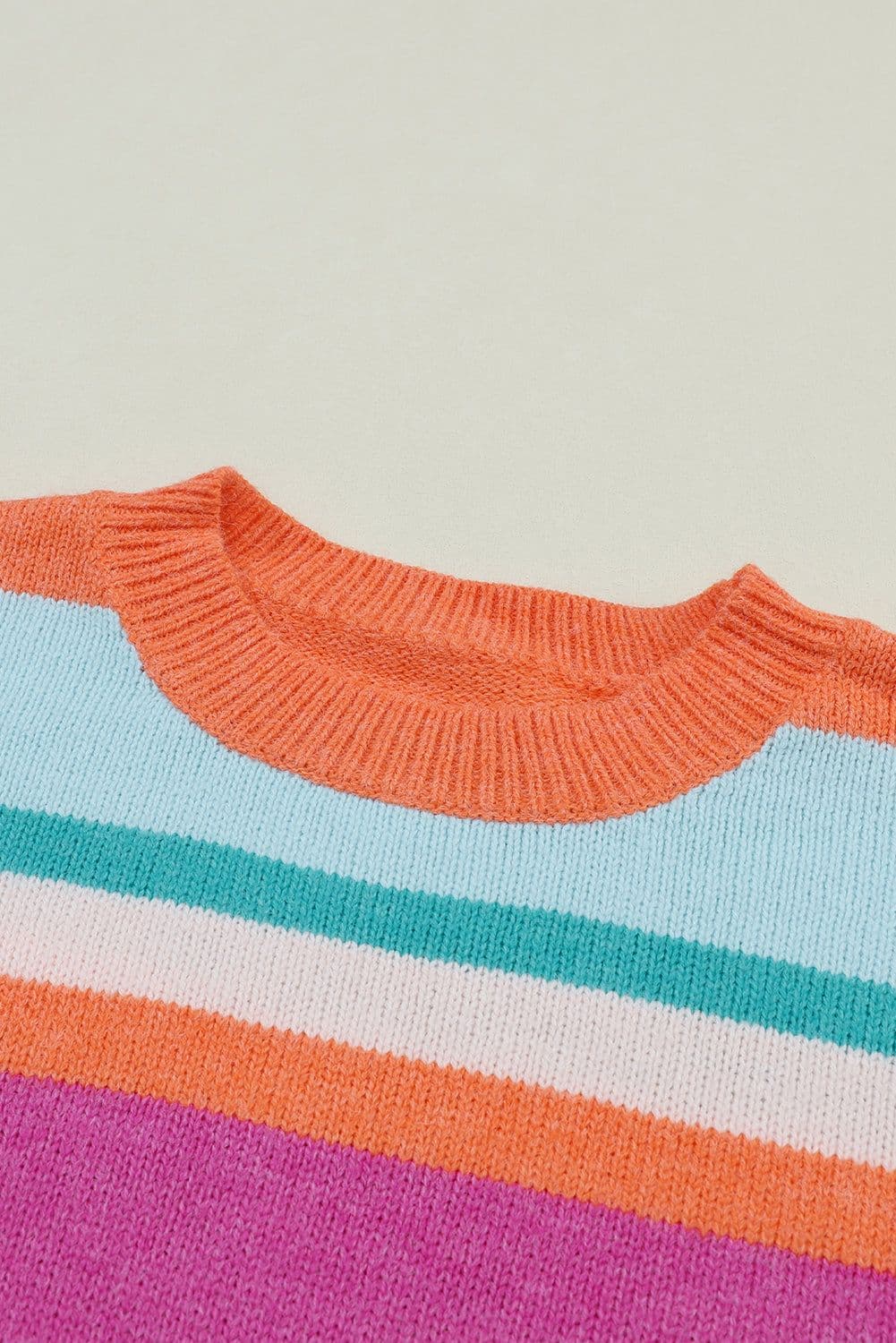 image-Multicolor Striped Knit Drop Shoulder Puff Sleeve Sweater