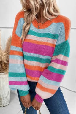 image-Multicolor Striped Knit Drop Shoulder Puff Sleeve Sweater