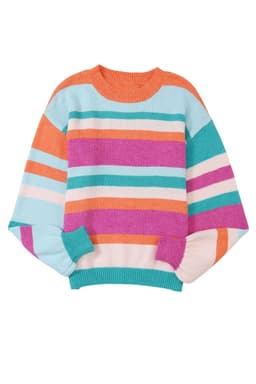 image-Multicolor Striped Knit Drop Shoulder Puff Sleeve Sweater
