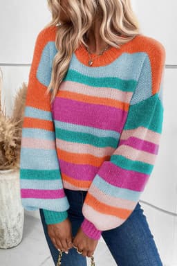 image-Multicolor Striped Knit Drop Shoulder Puff Sleeve Sweater