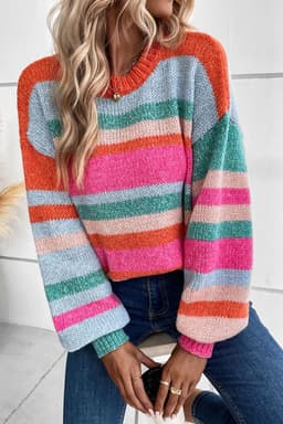 image-Multicolor Striped Knit Drop Shoulder Puff Sleeve Sweater