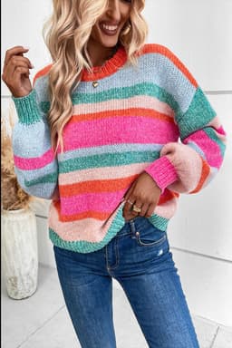 image-Multicolor Striped Knit Drop Shoulder Puff Sleeve Sweater