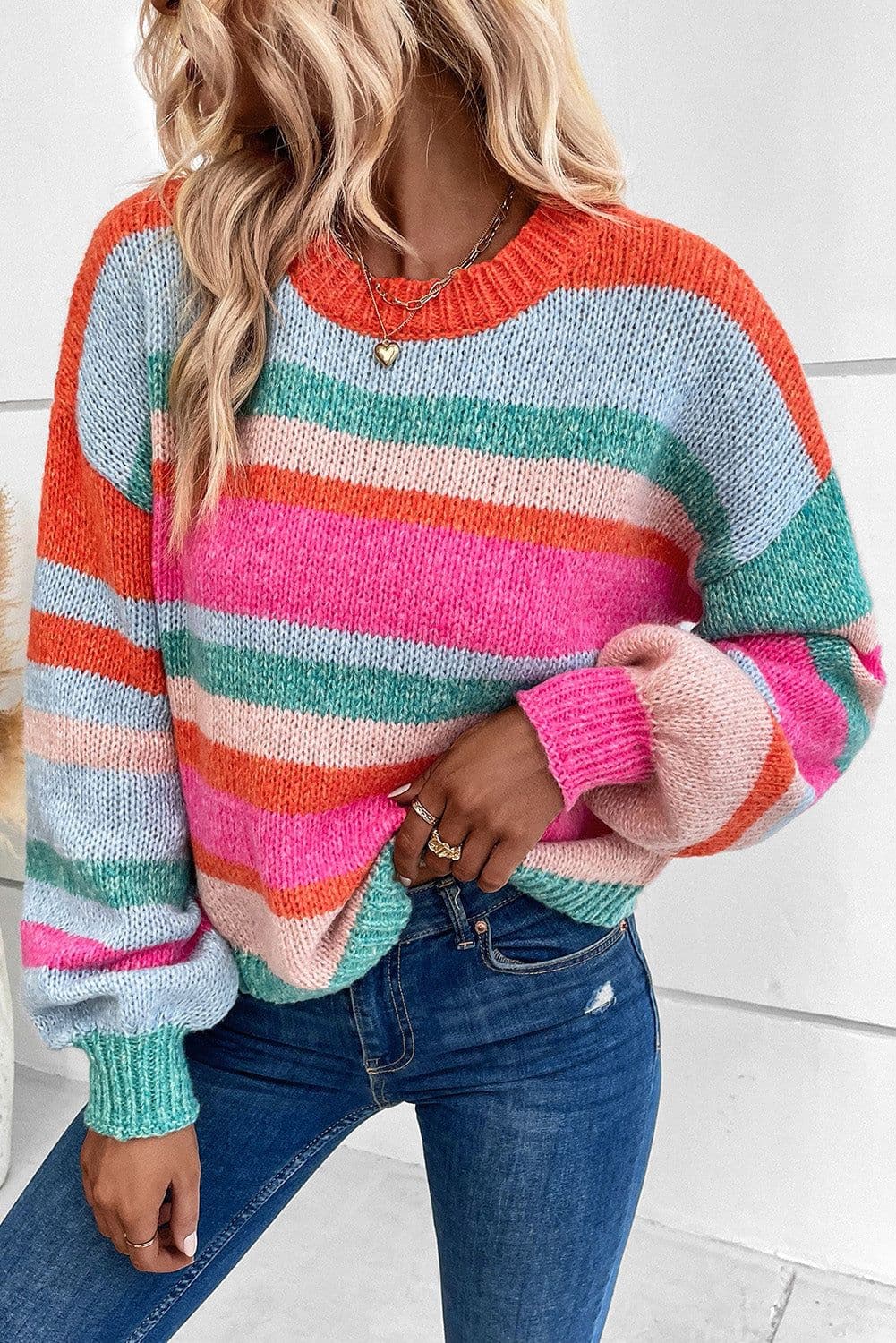 image-Multicolor Striped Knit Drop Shoulder Puff Sleeve Sweater