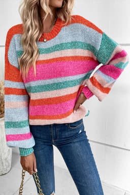 image-Multicolor Striped Knit Drop Shoulder Puff Sleeve Sweater