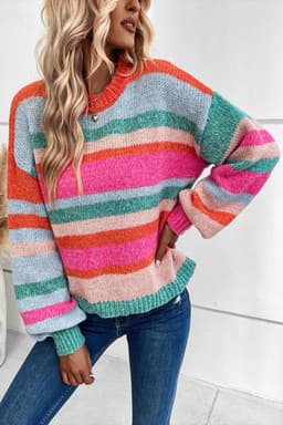 image-Multicolor Striped Knit Drop Shoulder Puff Sleeve Sweater