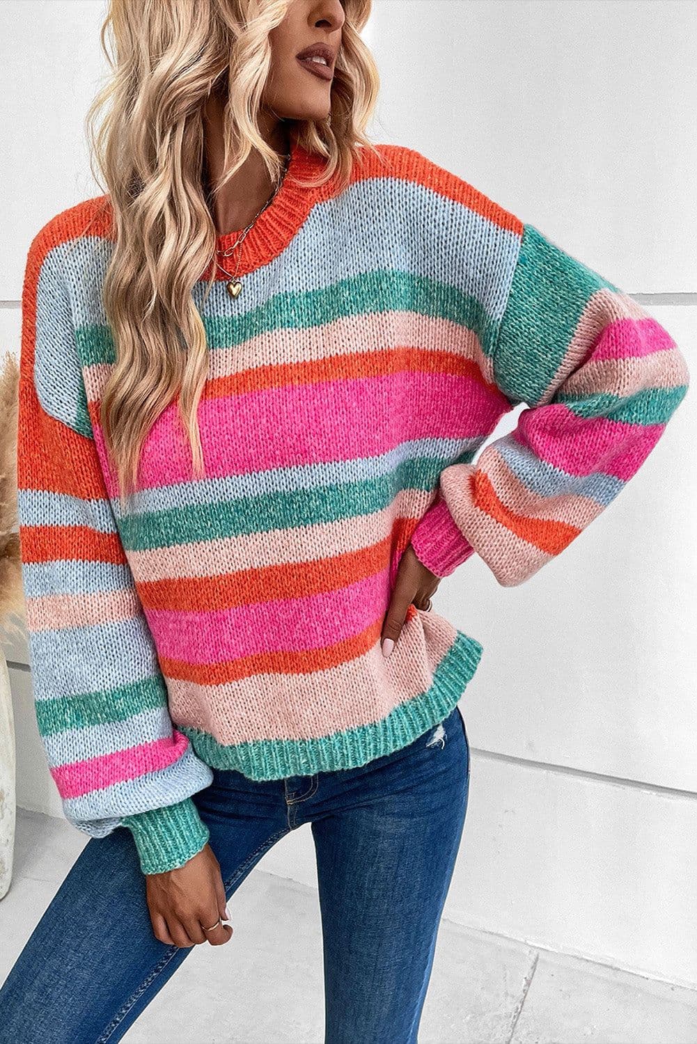 image-Multicolor Striped Knit Drop Shoulder Puff Sleeve Sweater