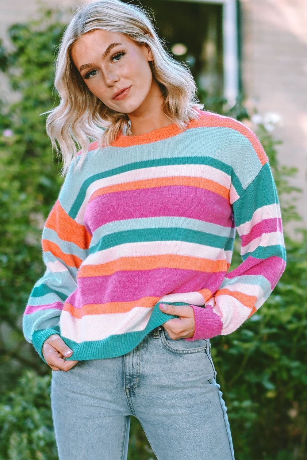 image-Multicolor Striped Knit Drop Shoulder Puff Sleeve Sweater