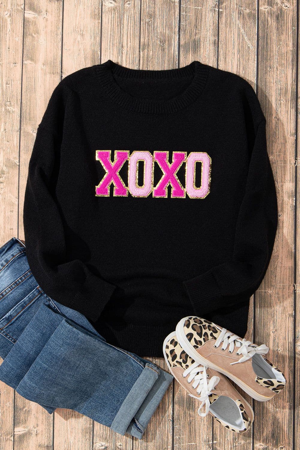 image-Black Howdy Heart Graphic Round Neck Casual Sweater