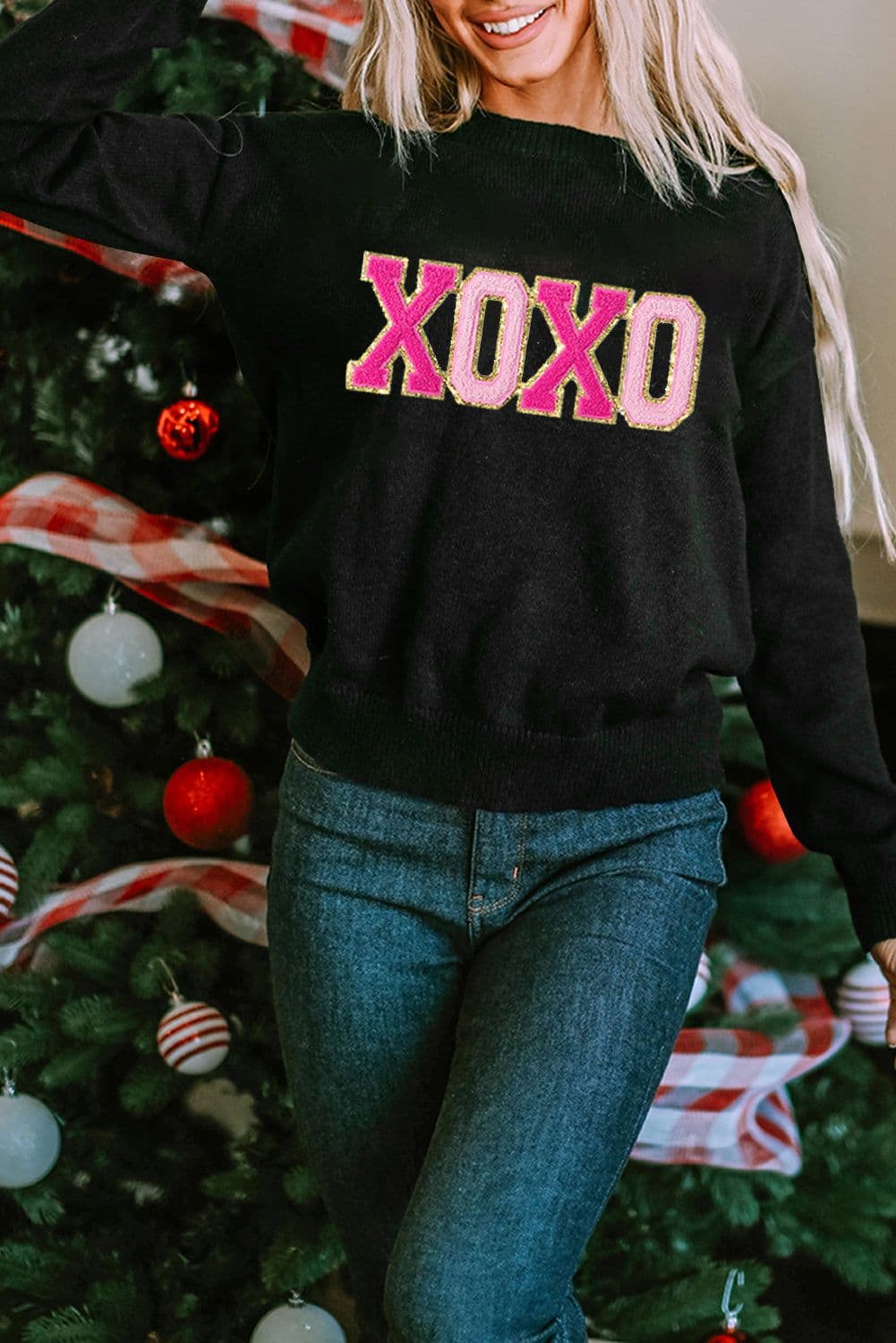 image-Black Howdy Heart Graphic Round Neck Casual Sweater