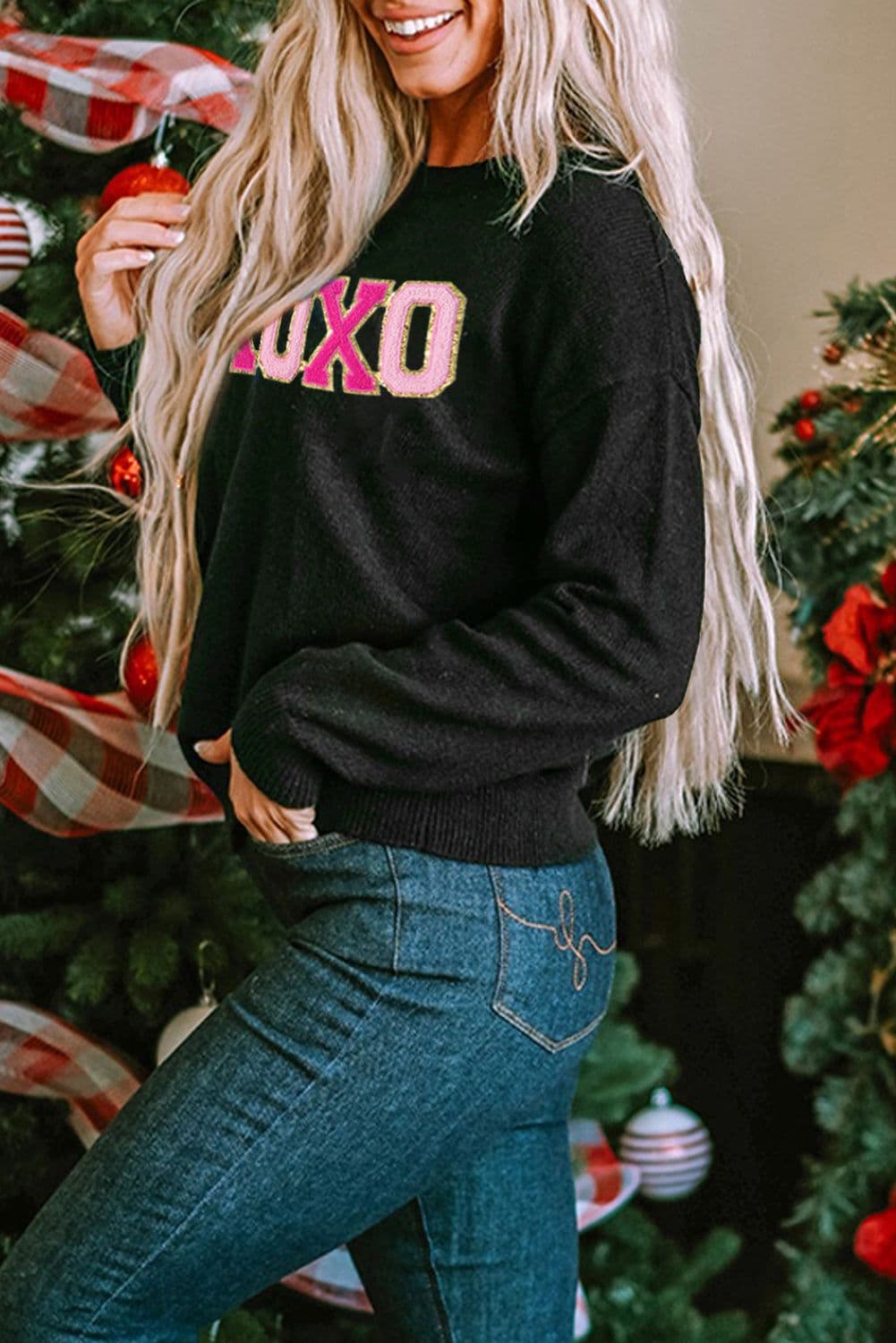 image-Black Howdy Heart Graphic Round Neck Casual Sweater