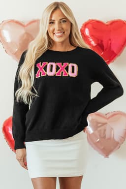 image-Black Howdy Heart Graphic Round Neck Casual Sweater