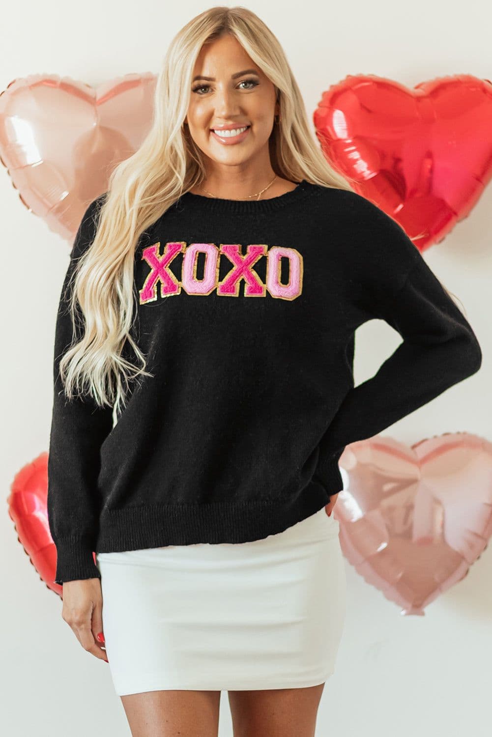 image-Black Howdy Heart Graphic Round Neck Casual Sweater